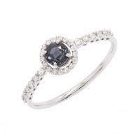 Anel em Ouro Branco 18k Chuveiro Redondo com 1 Safira 4mm de 0.35Cts e 30 Diamantes de 0.15Cts 