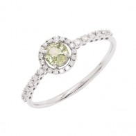 Anel em Ouro Branco 18k Chuveiro Redondo com 1 Safira Verde 4mm 0.36Cts e 30 Diamantes 0.15Cts