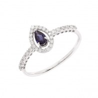 Anel em Ouro Branco 18k Gota com 1 Safira 5x3mm  0.27Cts e 30 Diamantes 0.16Cts 