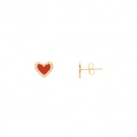 Brinco em Ouro 18k Coração com Cerâmica Vermelha e 22 Brilhantes