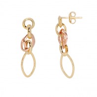 Brinco em Ouro 18k Circulo Vazado com Pingente Elos Navetes Tricolor