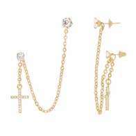 Brinco em Ouro 18k Ear Cuff Corrente Bailarina com Cruz de Zircônia