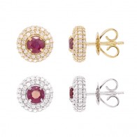 Brinco em Ouro 18k Chuveiro Redondo com 162 Diamantes e 2 Rubis 4mm                             