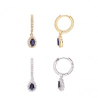 Brinco em Ouro 18k Argola com 52 Diamantes 0.24Cts e Pingente Gota com 2 Safiras 5x3mm 0.56Cts                               