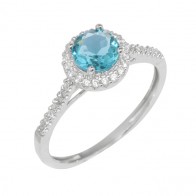 Anel em Ouro Branco 18k Chuveiro Redondo com Zircônia Branca e Azul Claro