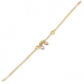 Pulseira em Ouro Tricolor 18k Bailarina Dupla com Argolas e Berloques Corações  18cm - 3.80g