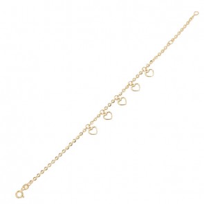 Pulseira em Ouro 18k Bailarina com Berloques Corações Vazados 15cm - 1.80g