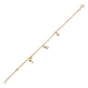 Pulseira em Ouro 18k Infantil Elo Português com Berloques Tricolor 14cm - 1.50g