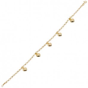 Pulseira em Ouro 18k Elo Português com 5 Berloques Corações 19cm - 3.70g