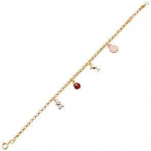 Pulseira em Ouro 18k Infantil Elo Português com 4 Berloques Tricolor 15cm - 2.50g