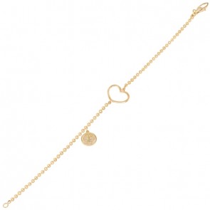 Pulseira em Ouro 18k Bailarina com Coração Vazado e Medalha São Bento 19cm - 2.30g