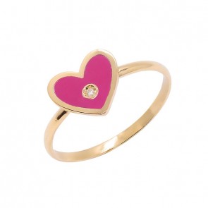 Anel em Ouro 18k Coração com Cerâmica Rosa e 1 Brilhante