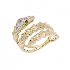 Anel em Ouro 18k Cobra Escamas Polidas com 2 Esmeraldas e 31 Diamantes de 0.12Cts