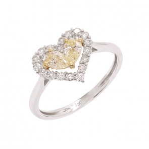 Anel em Ouro Branco 18k Coração com 2 Diamantes Yellow Gotas 0.38cts e 18 Diamantes  0.27cts       