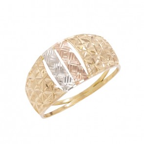 Anel em Ouro 18k Abaulado Chapa Tricolor Diamantado