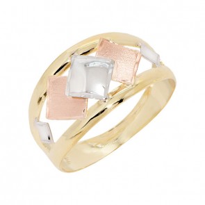 Anel em Ouro 18k Chapa Losangos Tricolor Fosco/Polido