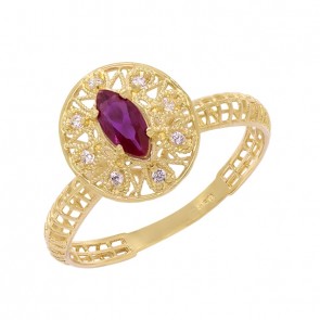 Anel em Ouro 18k Chuveiro Oval Fios Polidos com Zircônias Vermelha e Branca