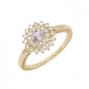 Anel em Ouro 18k Chuveiro Redondo com 1 Água Marinha 4mm de 0.90Cts e 28 Diamantes de 0.41Cts       