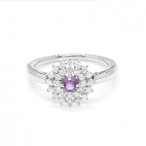 Anel em Ouro Branco 18k Chuveiro com 1 Safira Roxa 4mm de 0.33Cts e 28 Diamantes de 0.43Cts