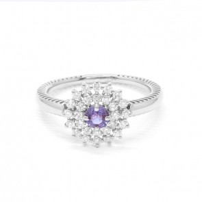 Anel em Ouro Branco 18k Chuveiro com 1 Safira 4mm de 0.38Cts e 28 Diamantes de 0.43Cts