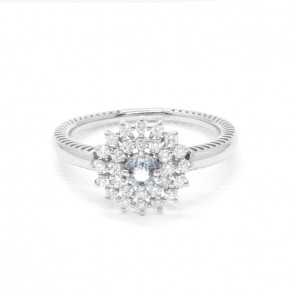 Anel em Ouro Branco 18k Chuveiro com 1 Água Marinha 4mm de 0.25Cts e 28 Diamantes de 0.43Cts  