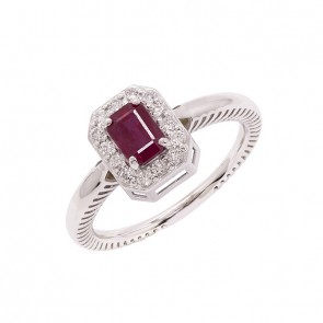Anel em Ouro Branco 18k Chuveiro Retangular com 1 Rubi 6x4 de 0.65Cts e 14 Diamantes de 0.21Cts 
