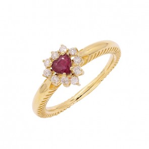 Anel em Ouro 18k Coração com 1 Rubi 4.50mm de 0.31Cts e 12 Diamantes de 0.17Cts