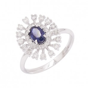 Anel em Ouro Branco 18k Chuveiro Oval com 1 Safira 6x4mm de 0.60Cts e 30 Diamantes de 0.45Cts