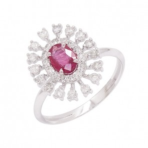 Anel em Ouro Branco 18k Chuveiro Oval com 1 Rubi 6x4mm de 0.46Cts e 30 Diamantes de 0.45Cts