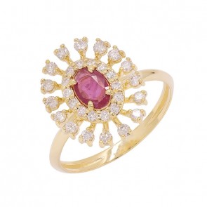 Anel em Ouro 18k Chuveiro Oval com 1 Rubi 6x4mm de 0.46Cts e 30 Diamantes de 0.45Cts