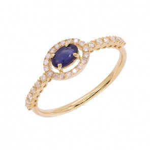 Anel em Ouro 18k Chuveiro Oval com 1 Safira 5x3mm de 0.33Cts e 30 Diamantes de 0.15Cts 