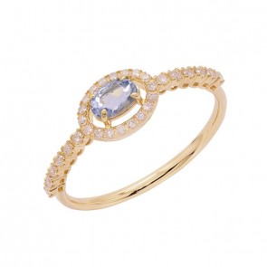 Anel em Ouro 18k Chuveiro Oval com 1 Agua Marinha 5x3mm 0.23Cts e 30 Diamantes 0.15Cts 