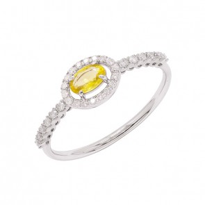 Anel em Ouro Branco 18k Chuveiro Oval com 1 Safira Amarela 5x3mm de 0.25Cts e 30 Diamantes de 0.15Cts