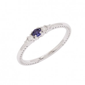 Anel em Ouro Branco 18k Solitário com 1 Safira 3mm 0.14Cts e 4 Diamantes 0.09Cts 