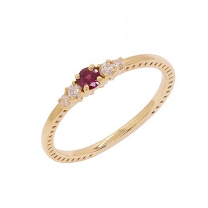 Anel em Ouro 18k Solitário com 1 Rubi 3mm de 0.10Cts e 4 Diamantes de 0.09Cts   