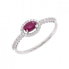 Anel em Ouro Branco 18k Chuveiro Oval com 1 Rubi 5x3mm de 0.31Cts e 30 Diamantes de 0.15Cts