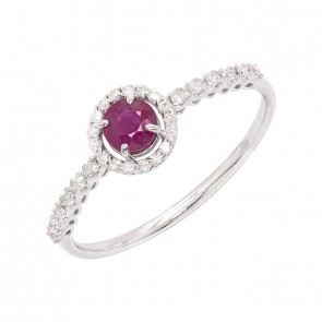Anel em Ouro Branco 18k Chuveiro Redondo com 1 Rubi 4mm de 0.30Cts e 30 Diamantes de 0.15Cts 