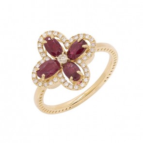 Anel em Ouro 18k Flor com 4 Rubis Ovais 1.17Cts e 41 Diamantes 0.46Cts