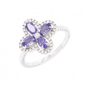 Anel em Ouro Branco 18k Flor com 4 Tanzanitas Ovais 0.89Cts e 41 Diamantes 0.46Cts 