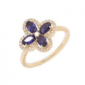 Anel em Ouro 18k Flor com 4 Safiras Ovais 1.25Cts e 41 Diamantes 0.46Cts 
