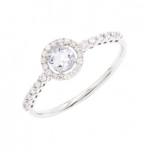 Anel em Ouro Branco 18k Chuveiro Redondo com 1 Agua Marinha 4mm 0.20Cts e 30 Diamantes 0.16Cts