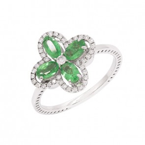 Anel em Ouro Branco 18k Flor com 4 Esmeraldas Ovais 0.90Cts e 41 Diamantes 0.21Cts