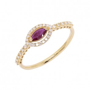 Anel em Ouro 18k Chuveiro Navete com 1 Rubi 0.24Cts e 32 Diamantes 0.16Cts    