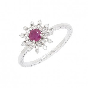 Anel em Ouro Branco 18k Chuveiro Flor com 1 Rubi 4mm de 0.35Cts e 22 Diamantes de 0.21Cts