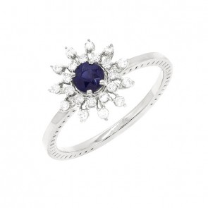Anel em Ouro Branco 18k Chuveiro Flor com 1 Safira 4mm de 0.36Cts e 22 Diamantes de 0.21Cts