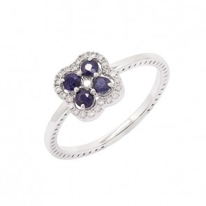 Anel em Ouro Branco 18k Flor com 4 Safiras 2.5mm de 0.31Cts e 25 Diamantes de 0.31Cts