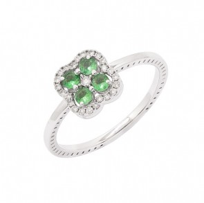 Anel em Ouro Branco 18k Flor com 4 Esmeralda 2.5mm de 0.22Cts e 25 Diamantes de 0.11Cts
