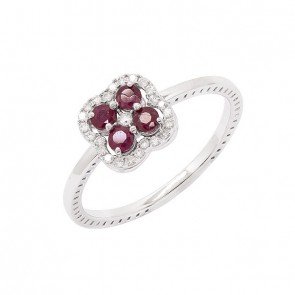 Anel em Ouro Branco 18k Flor com 4 Rubis 2.5mm de 0.34Cts e 25 Diamantes de 0.11Cts