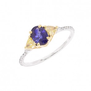 Anel em Ouro Branco 18k Princess com 1 Safira Azul de 0.96Cts, 20 Diamantes Fancy Yellow de 0.30Cts e 20 Diamantes 