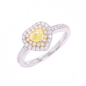 Anel em Ouro Branco 18k Chuveiro Coração com 1 Diamante Fancy Yellow e 8 Diamantes 